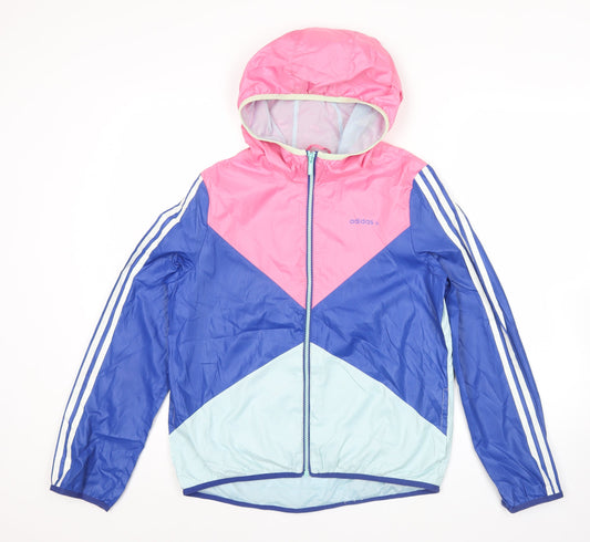 Adidas Womens Pink Blue Windbreaker Jacket UK 12 Hooded Lightweight
