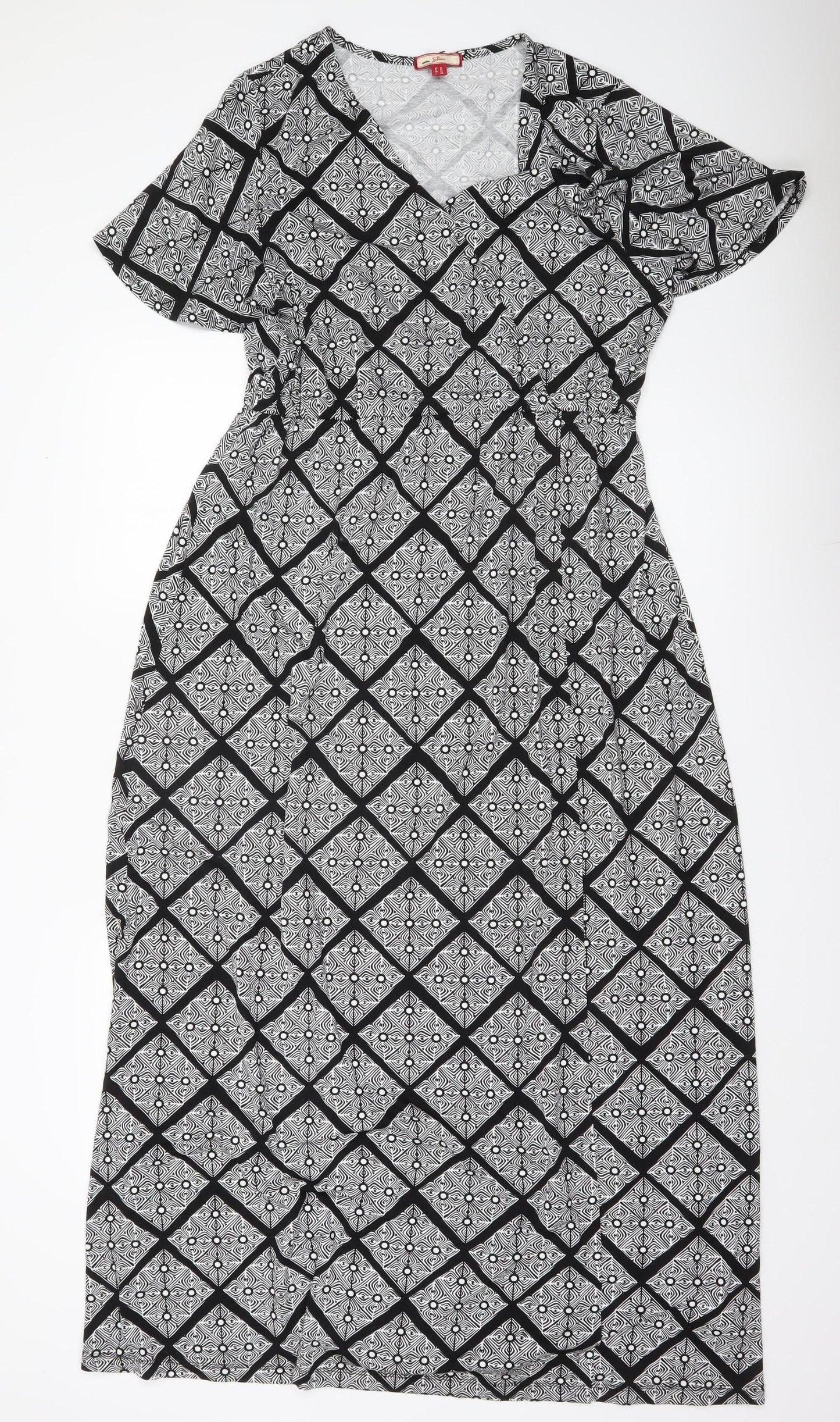 Joe Browns Women’s Black Geometric Midi Dress Size 16 V-Neck Short Sleeve