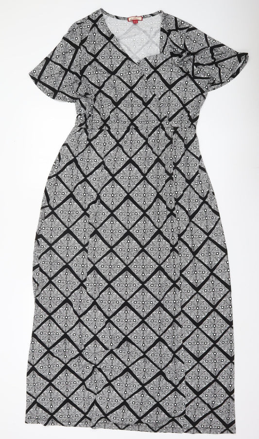 Joe Browns Women’s Black Geometric Midi Dress Size 16 V-Neck Short Sleeve