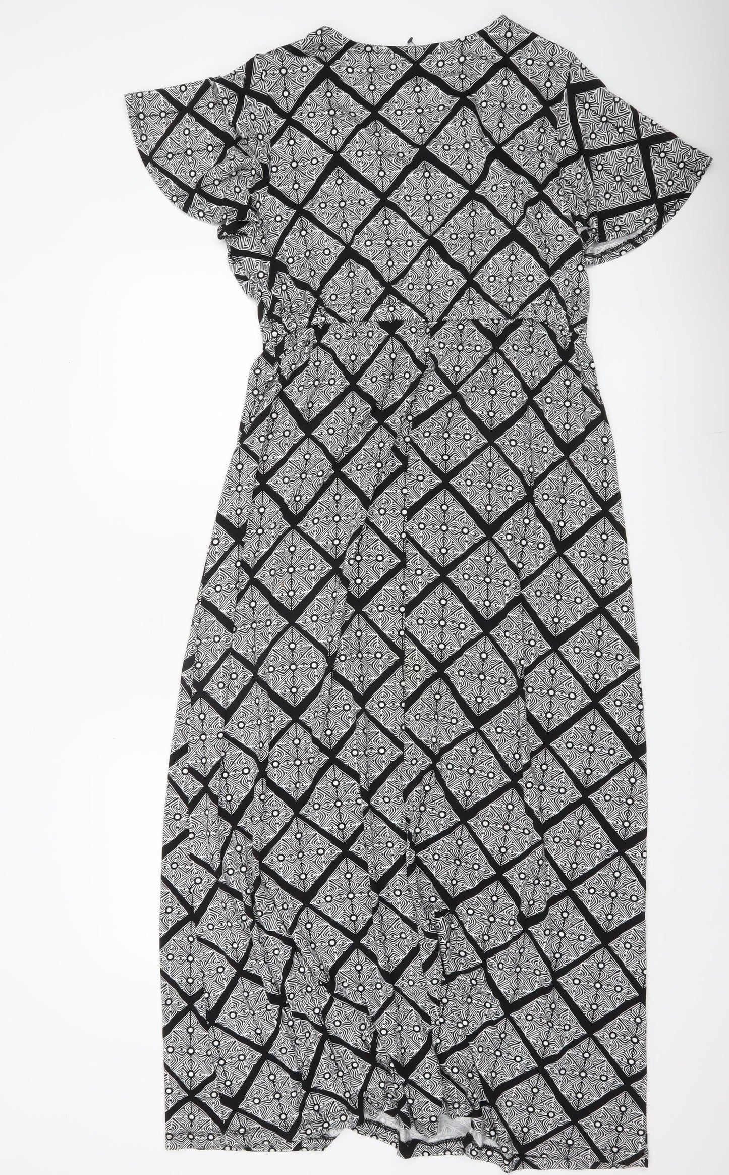 Joe Browns Women’s Black Geometric Midi Dress Size 16 V-Neck Short Sleeve