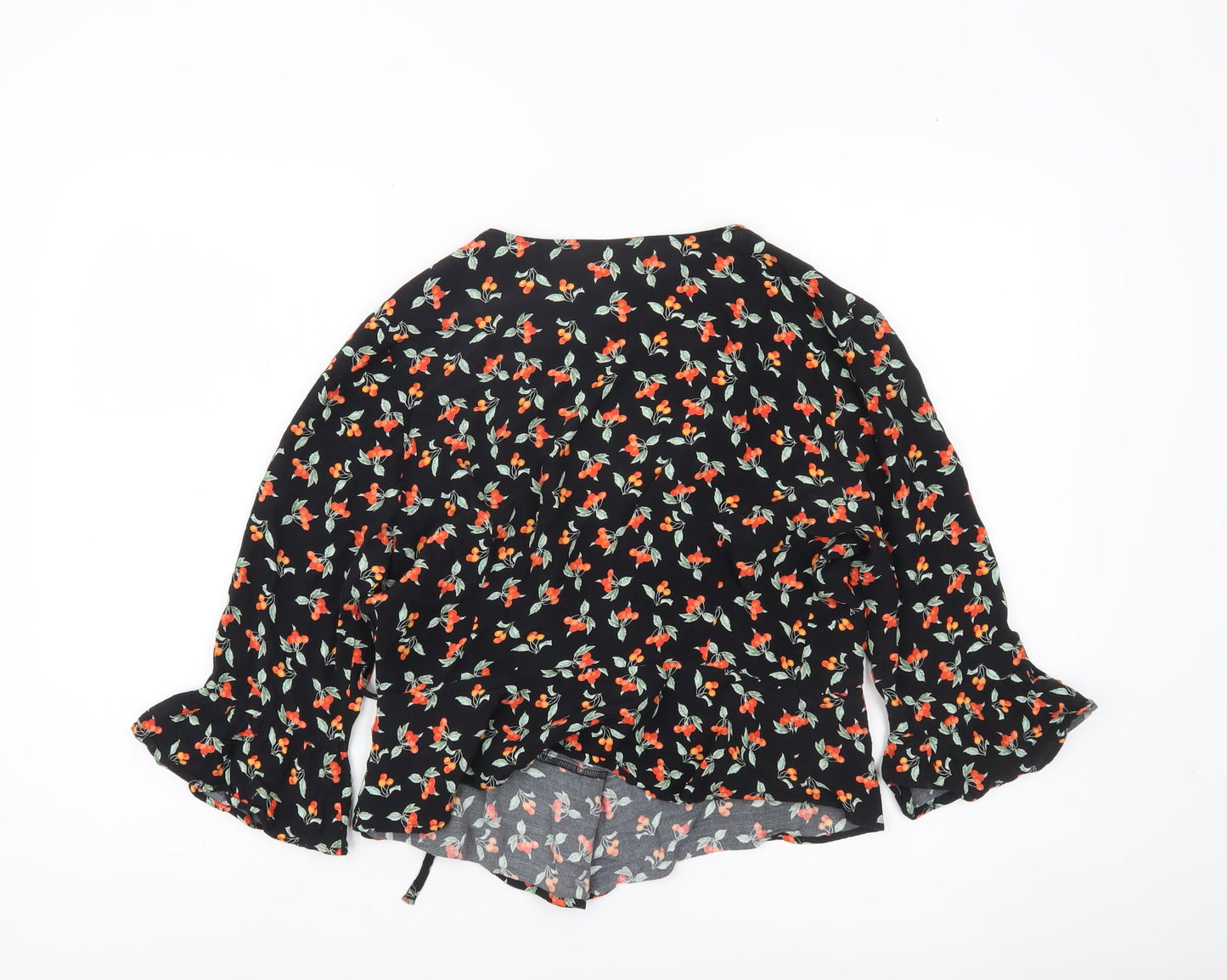 H&M Women’s Black Floral Wrap Blouse Size 10 3/4 Sleeve Viscose
