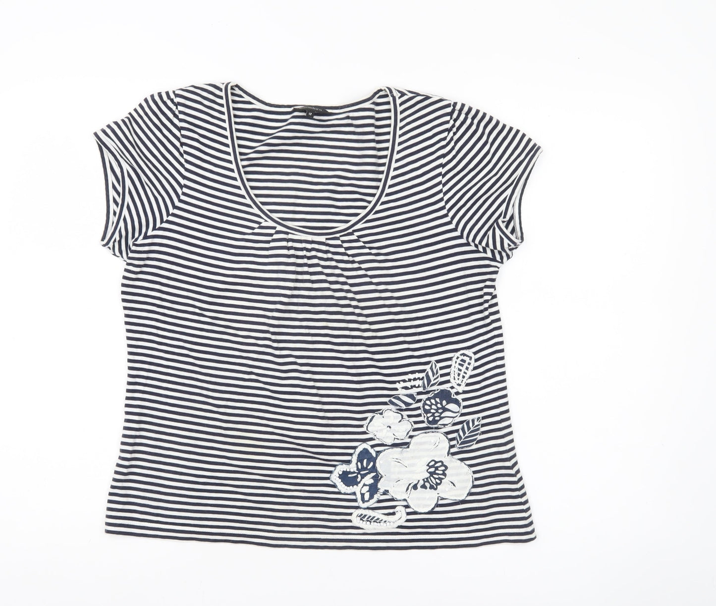 Pomodoro Womens Blue Striped Floral Cotton T-Shirt Size 12