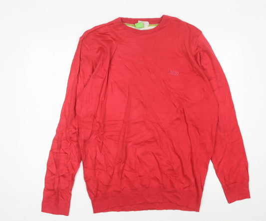 Hugo Boss Mens Red Wool Pullover Jumper 2XL Crew Neck Classic Knitwear