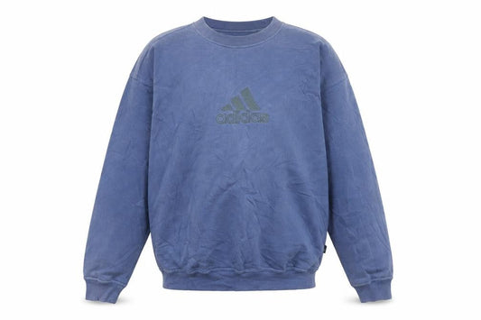 Front view of Adidas men’s blue logo pullover sweatshirt, size L, crew neck