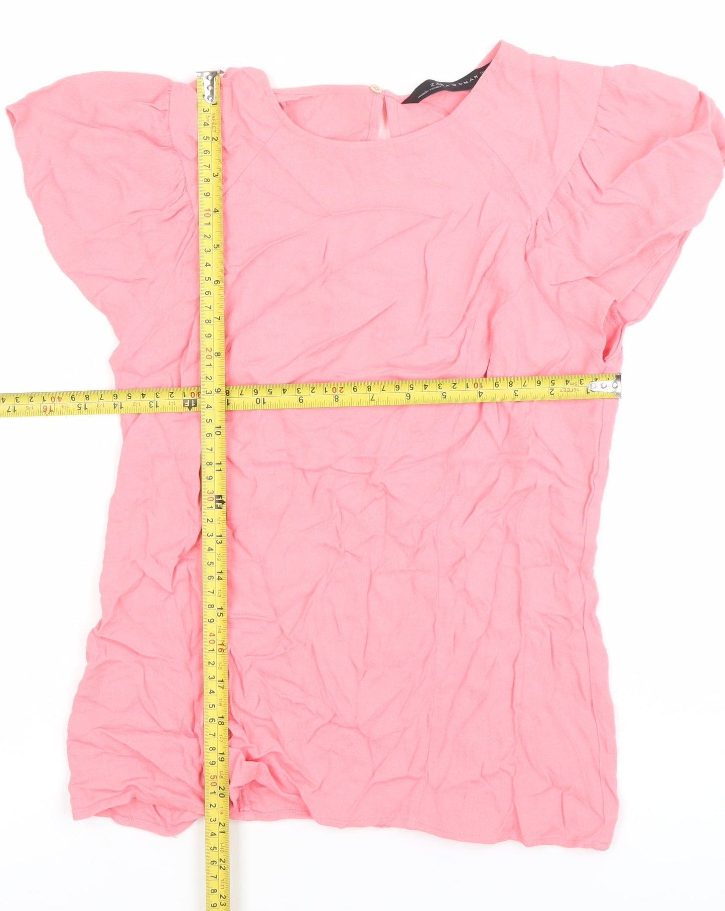 Zara Women Pink Flutter Sleeve Blouse Size L Round Neck Casual