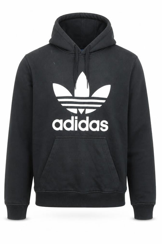 Front view of Adidas Men's Black Pullover Hoodie Small Logo Sportswear Fleece