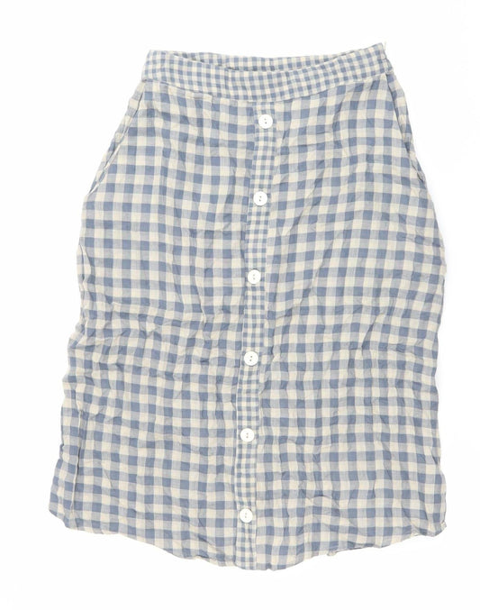 Native Youth Women’s Blue Check Cotton XS Knee Length Button Skirt