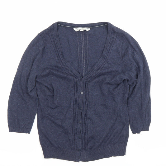 Fat Face Womens Blue Cotton Cardigan Size 12 V-Neck 3/4 Sleeve