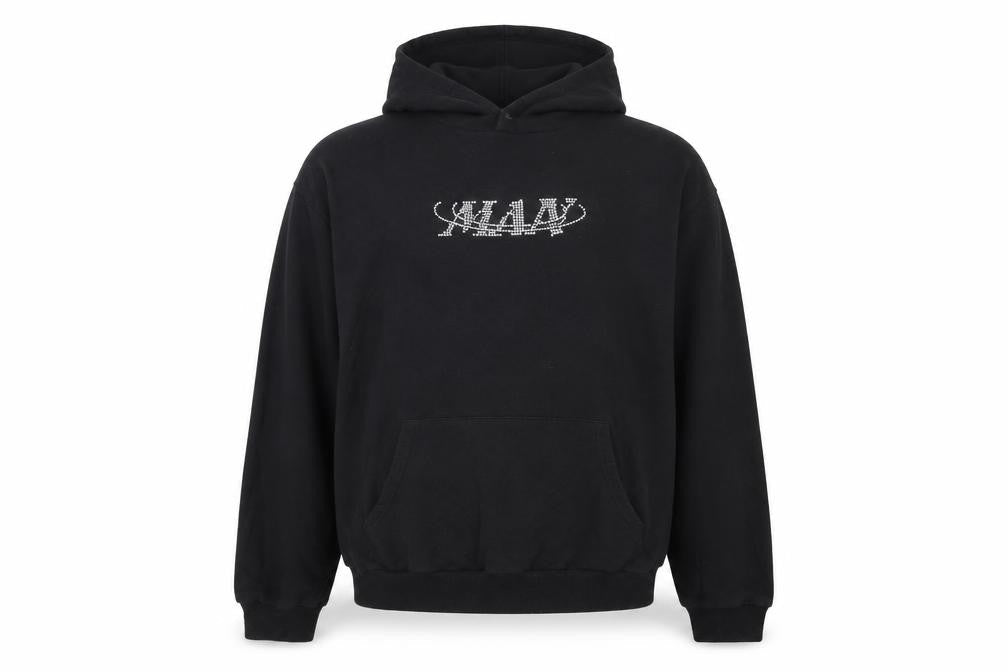 Front view of boohooMAN Men’s Black Pullover Hoodie M Logo Rhinestone Bird Graphic