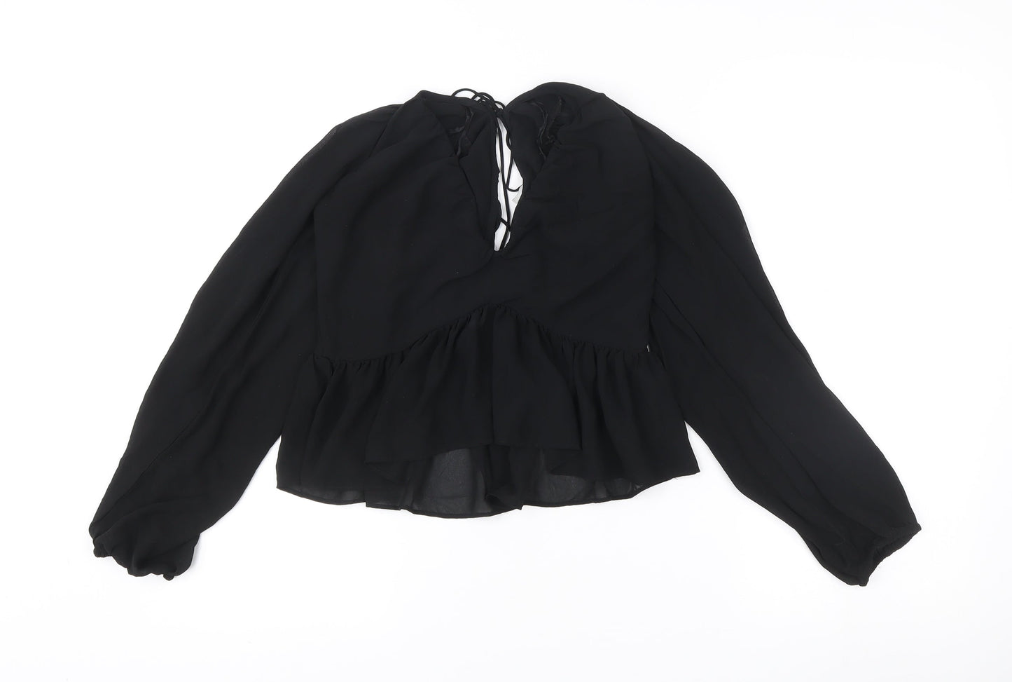 Women's Black Chiffon Ruffle Tunic Blouse Size 8 Long Sleeve V-Neck