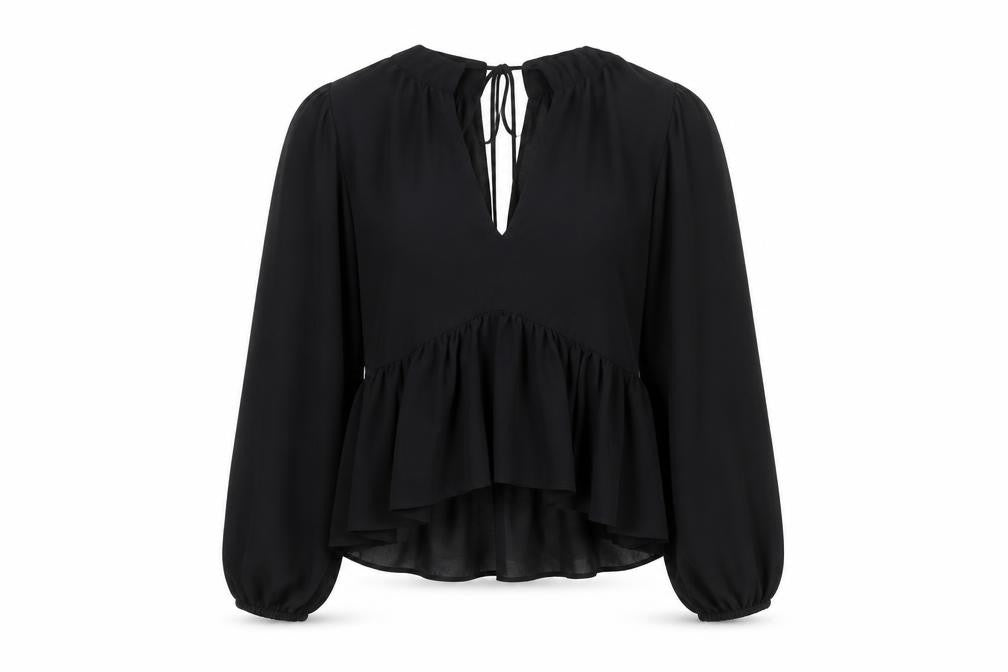 Women's Black Chiffon Ruffle Tunic Blouse Size 8 Long Sleeve V-Neck