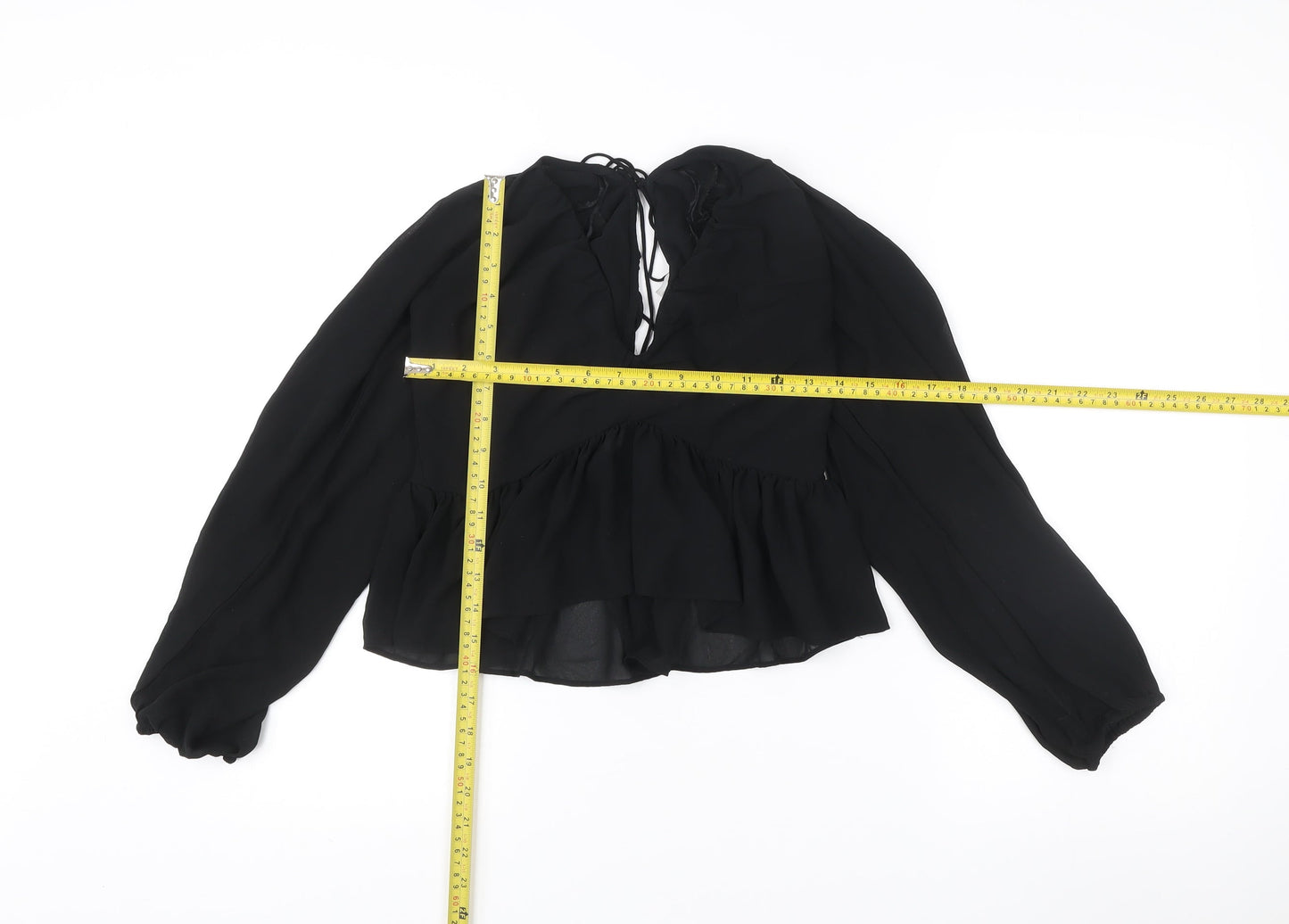 Women's Black Chiffon Ruffle Tunic Blouse Size 8 Long Sleeve V-Neck
