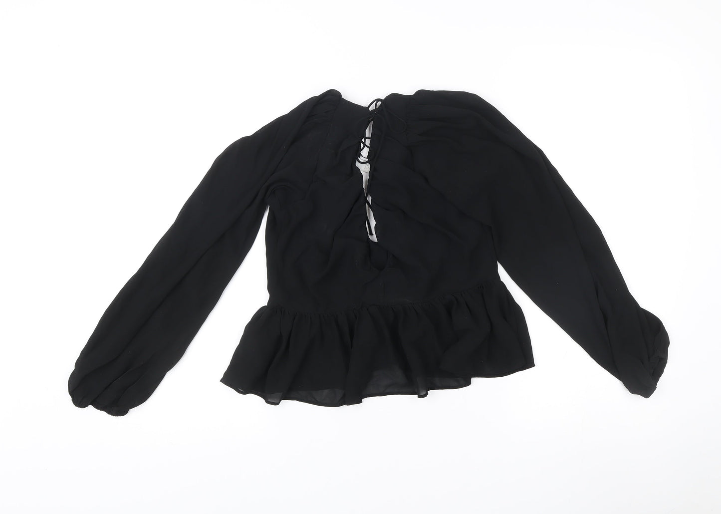 Women's Black Chiffon Ruffle Tunic Blouse Size 8 Long Sleeve V-Neck