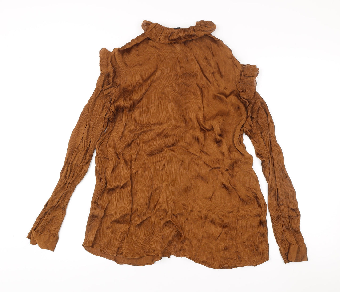 Massimo Dutti Women’s Brown Ruffle Blouse Size 12 Long Sleeve Viscose