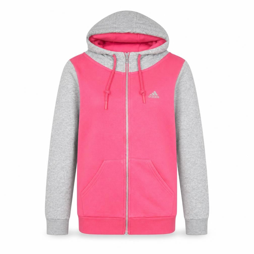 Front view of Adidas women’s pink grey full zip hoodie, size UK 8, uk cotton blend