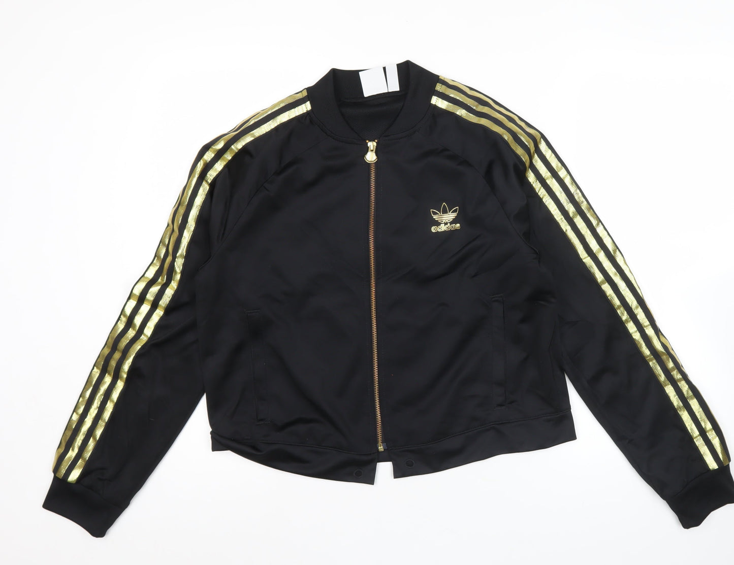 Adidas Womens Black Size 10 Track Jacket Gold Stripe Full Zip