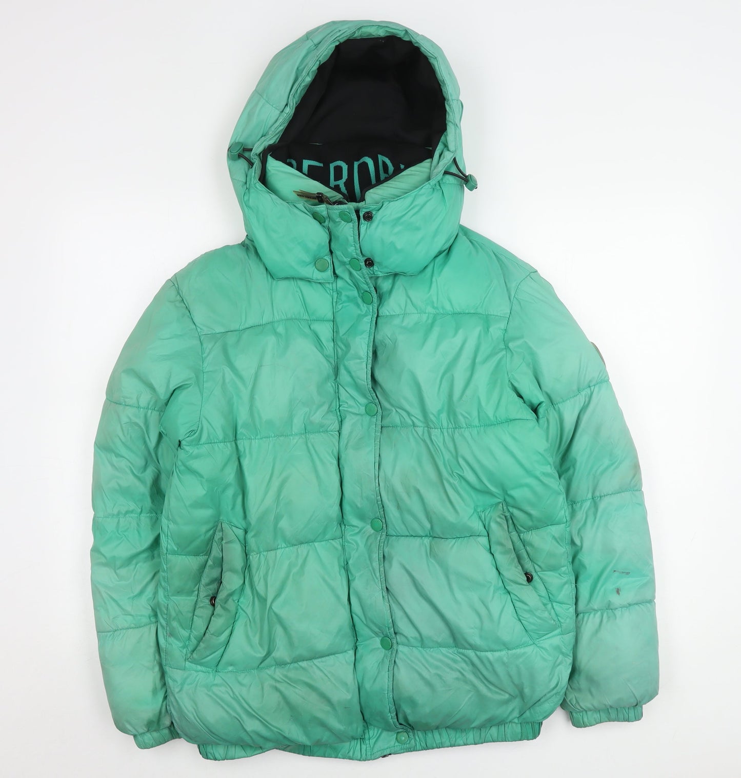Superdry Womens Green Puffer Jacket UK 8 Hooded Mid-Length Winter Coat