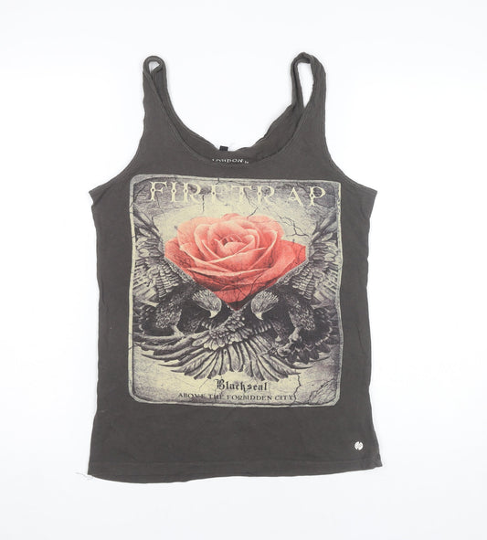 Firetrap Womens Black Cotton Graphic Tank Top M Gothic Rose Festival