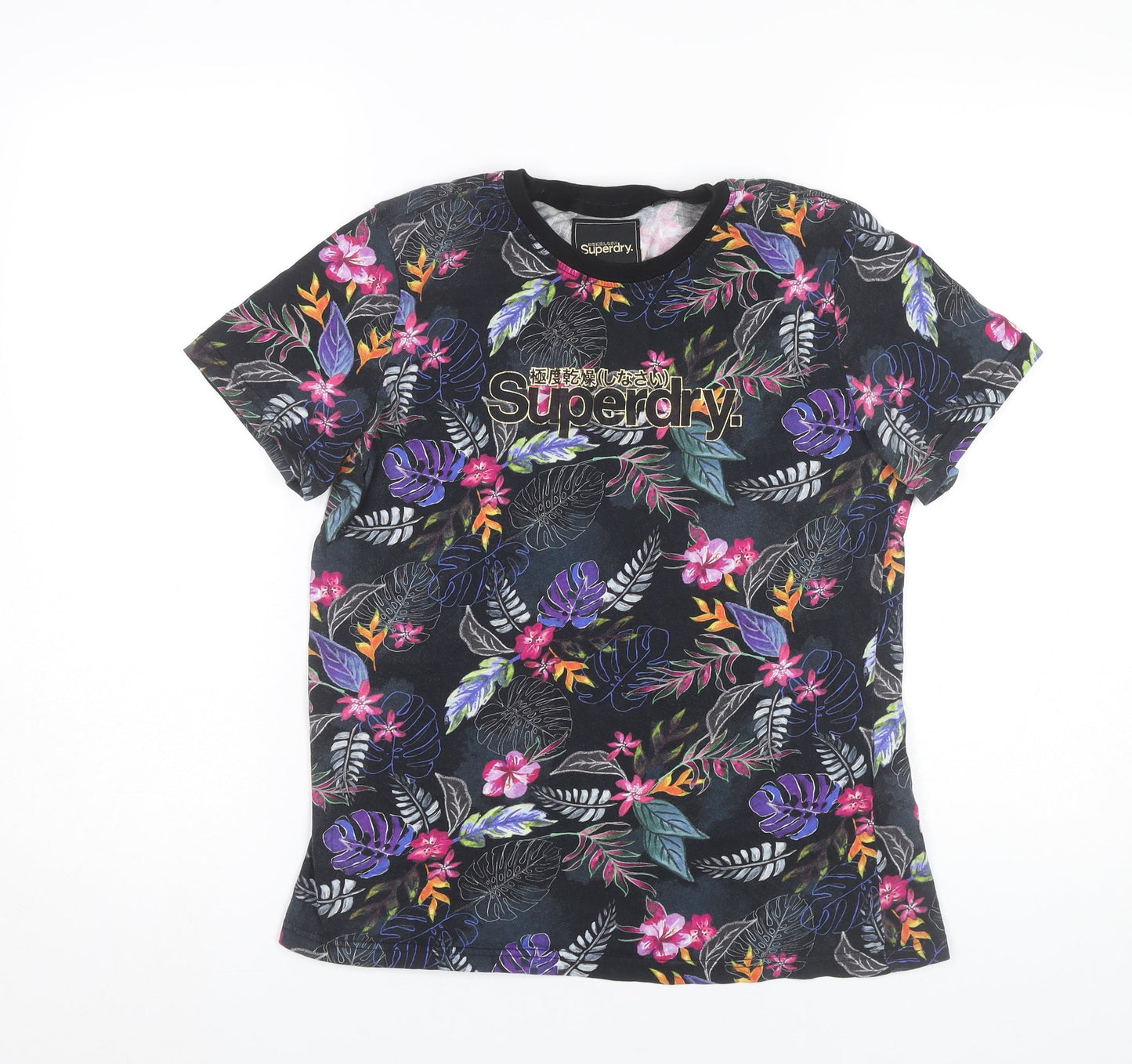 Superdry Womens Black Floral Embroidered Cotton T-Shirt UK 12