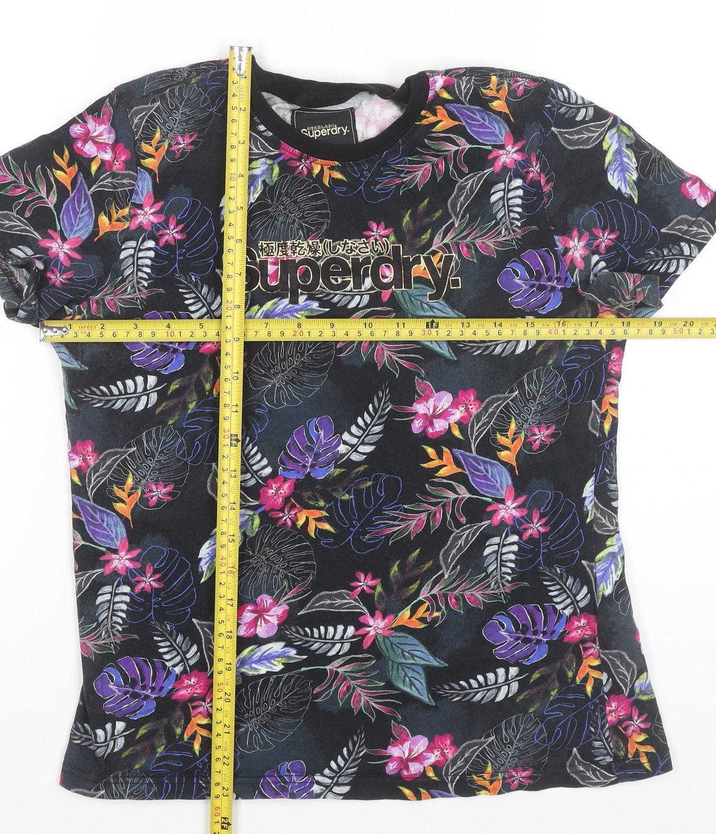Superdry Womens Black Floral Embroidered Cotton T-Shirt UK 12