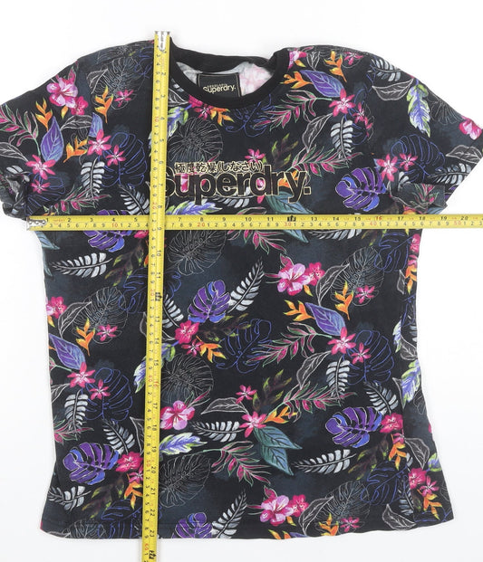 Superdry Womens Black Floral Embroidered Cotton T-Shirt UK 12