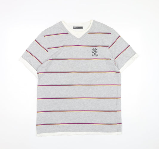 Parkes Men’s Grey Striped V-Neck T-Shirt Size L Short Sleeve Cotton Blend
