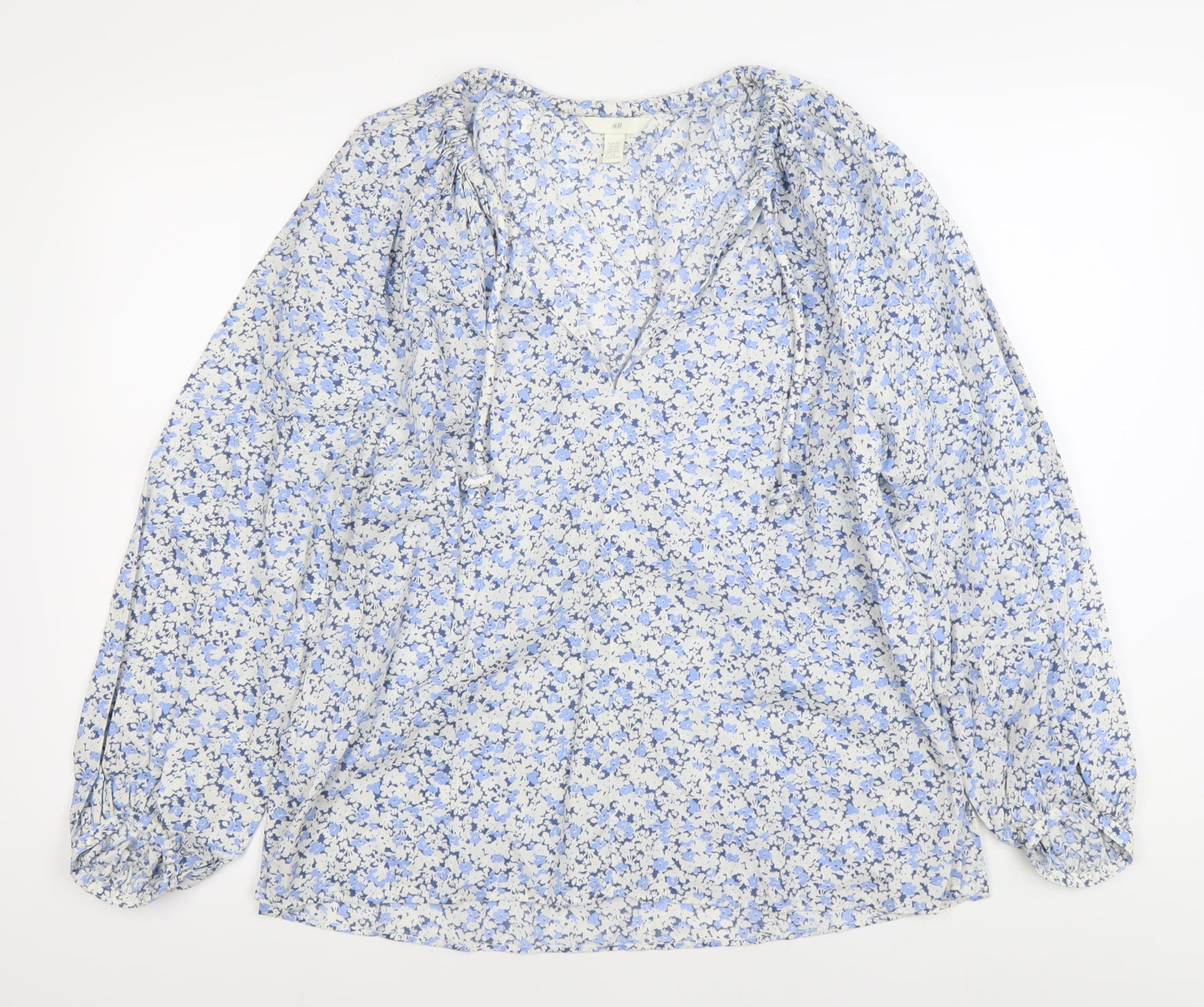 H&M Womens Blue Floral Cotton Tunic Blouse XS Long Sleeve