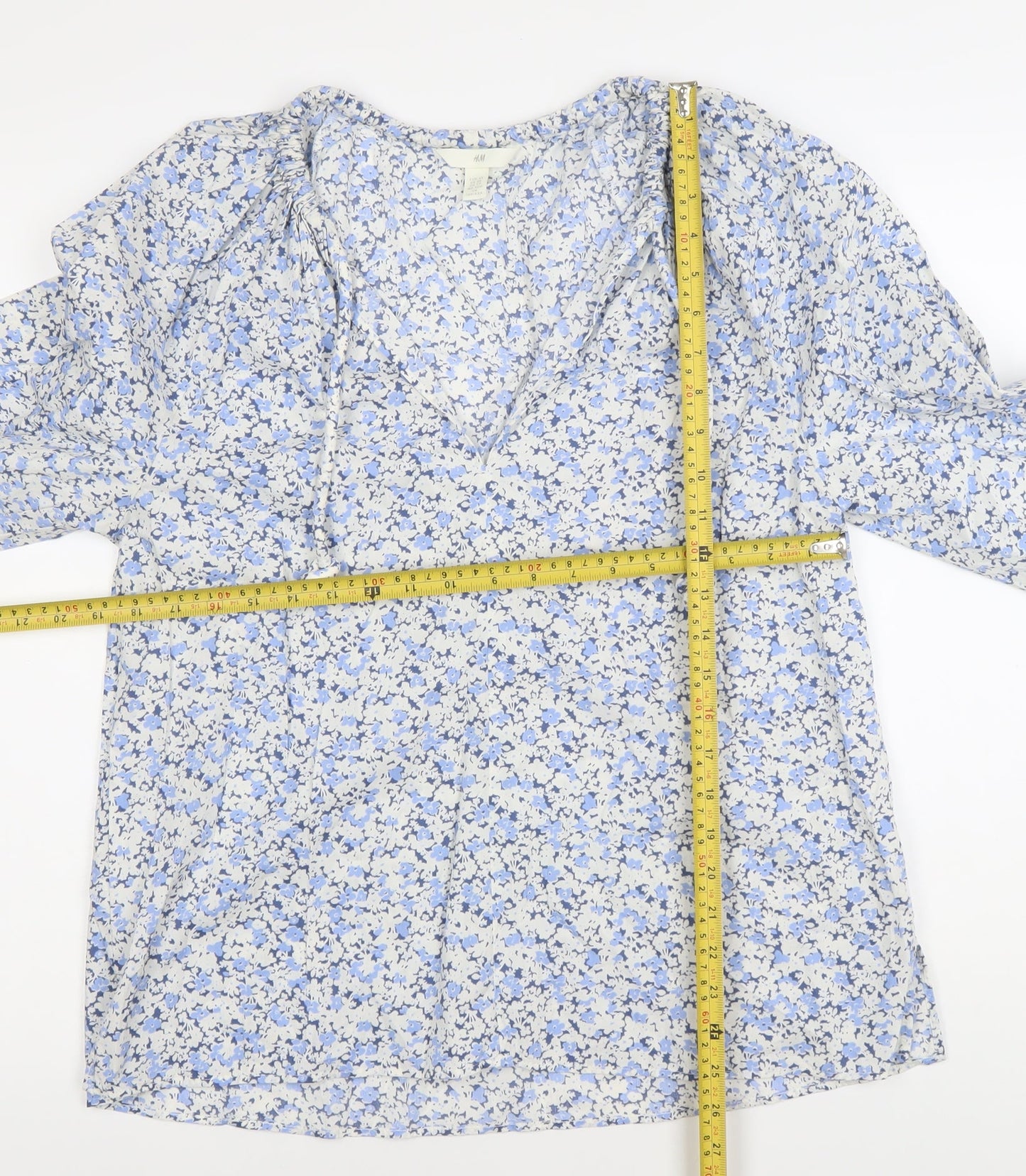 H&M Womens Blue Floral Cotton Tunic Blouse XS Long Sleeve