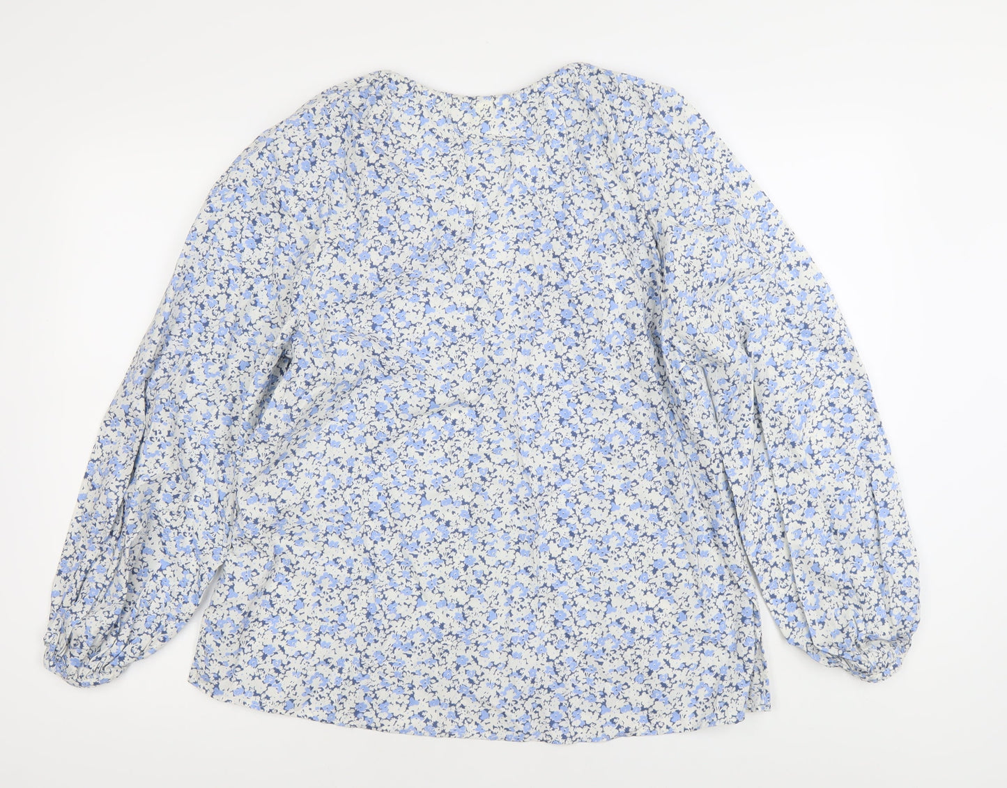 H&M Womens Blue Floral Cotton Tunic Blouse XS Long Sleeve