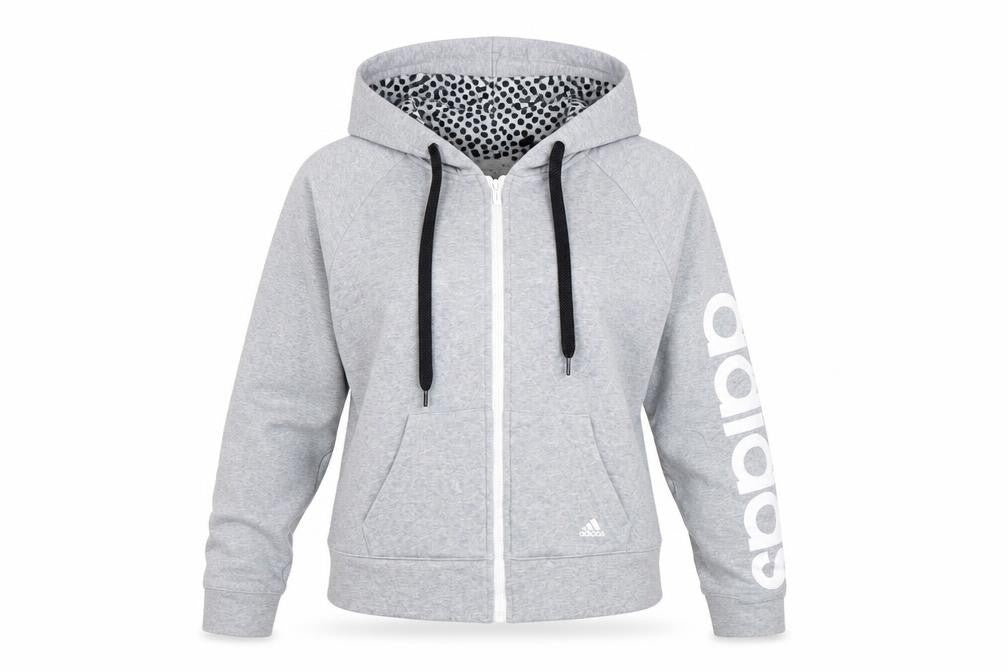 Front view of Adidas women’s grey full zip hoodie, size UK 6, uk logo print cotton blend