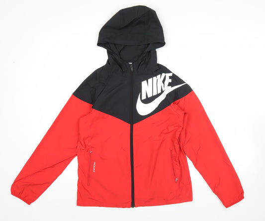 Nike Womens Red Black L Windbreaker Jacket Hooded Lightweight