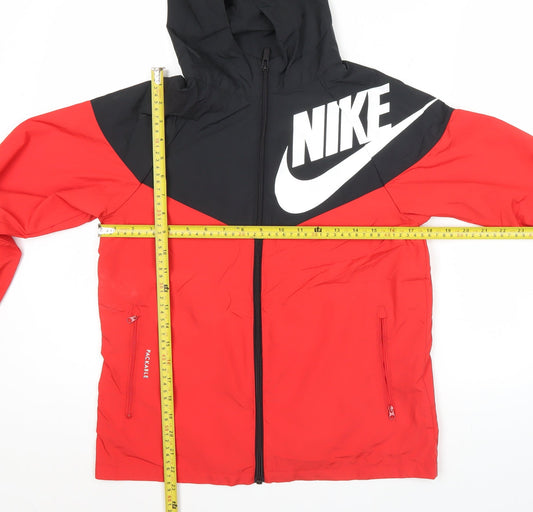 Nike Womens Red Black L Windbreaker Jacket Hooded Lightweight