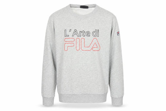 Front view of Fila men’s grey crew neck logo sweatshirt pullover, size M