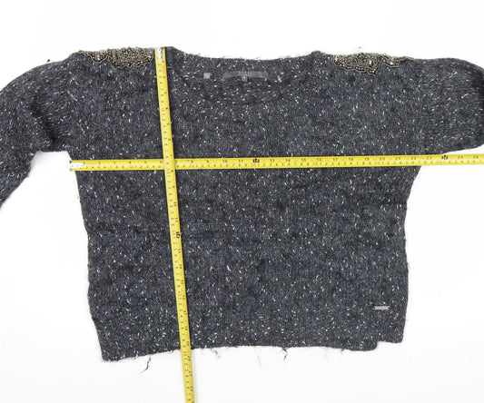 Guess Women Grey Beaded Crew Neck Chunky Knit Jumper Size 12