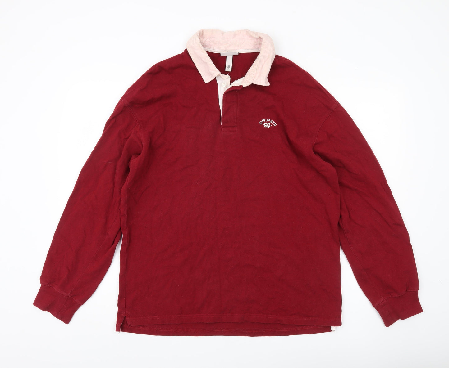 H&M Men’s Red Rugby Sweatshirt M Relaxed Fit Collared Long Sleeve