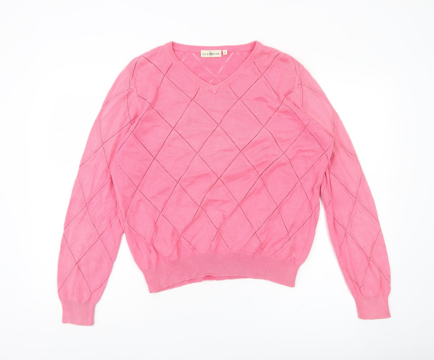 Glenmuir Women’s Pink Cotton V-Neck Argyle Pullover Jumper L