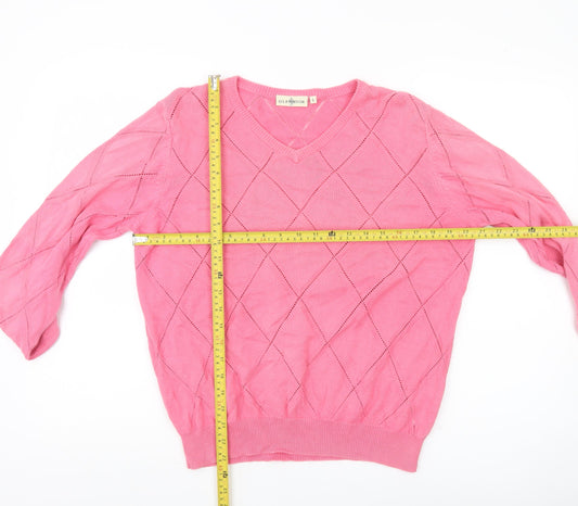 Glenmuir Women’s Pink Cotton V-Neck Argyle Pullover Jumper L