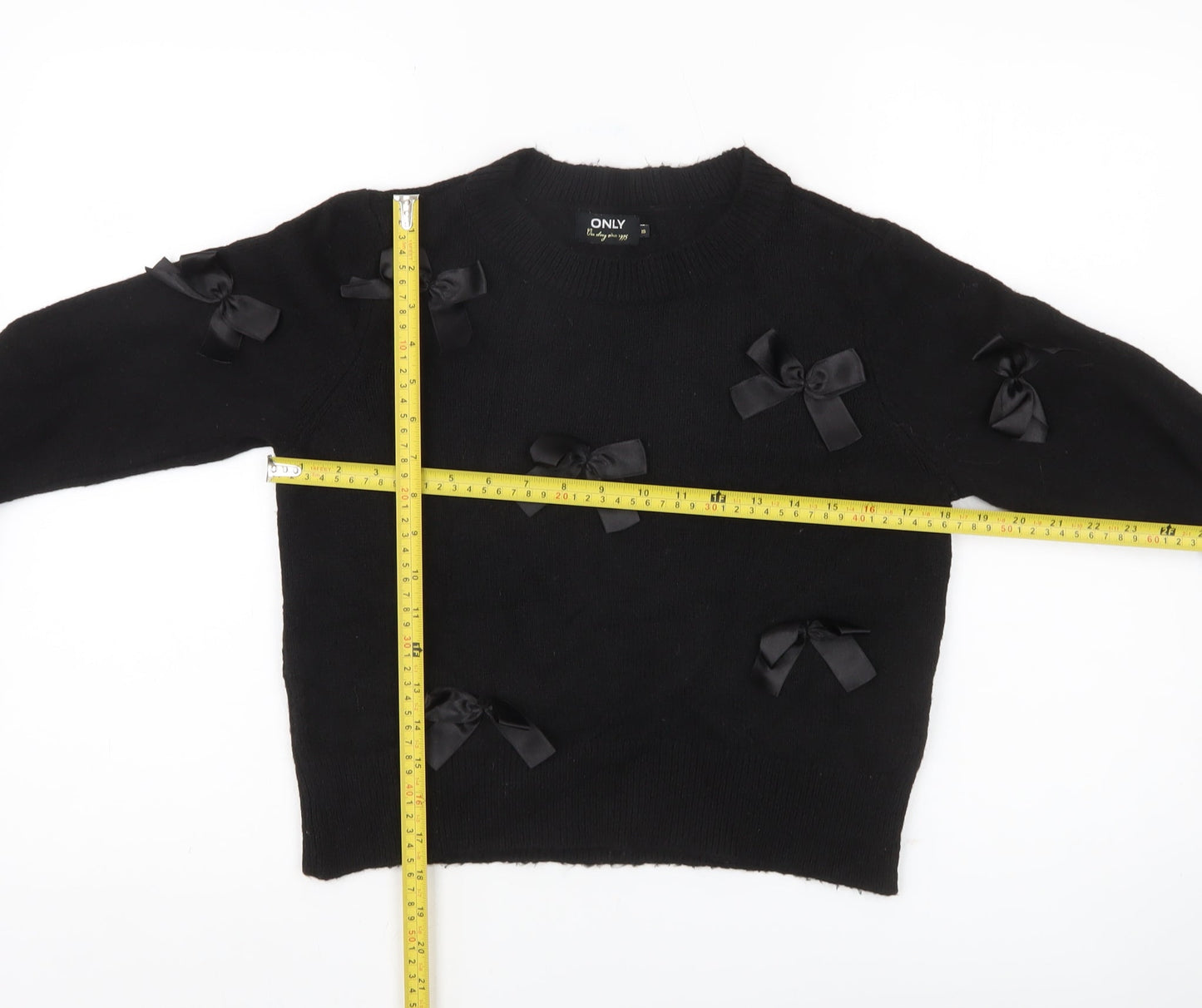 ONLY Womens Black XS Bow Accent Crew Neck Knit Jumper