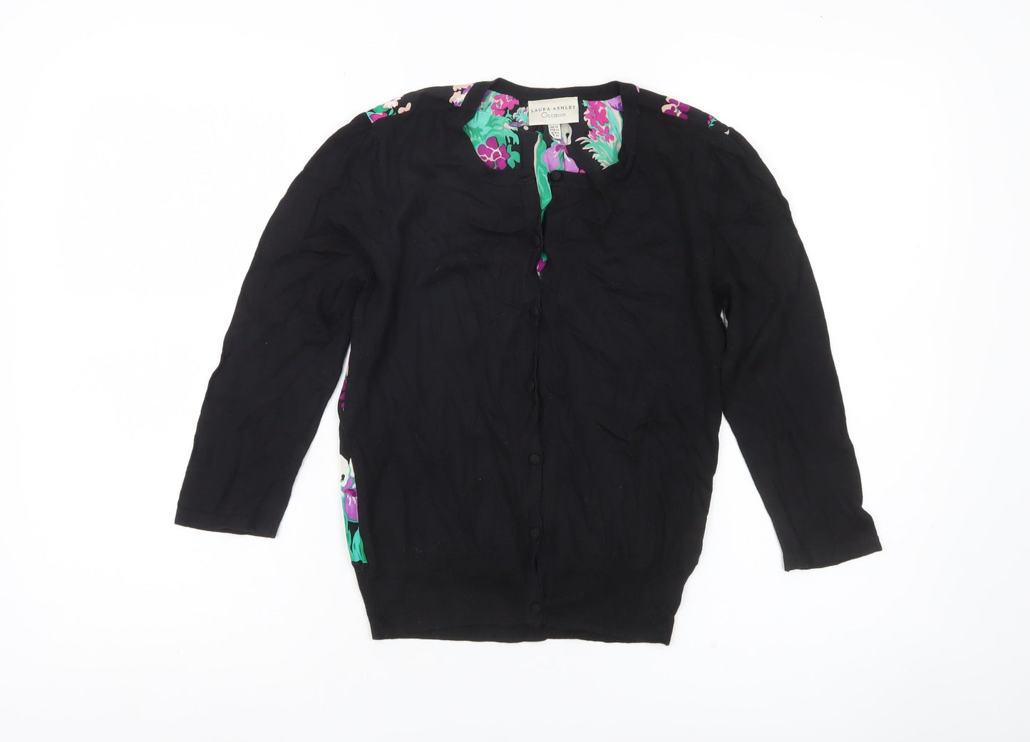 Laura Ashley Women’s Black Floral Silk Back Cardigan Size 10