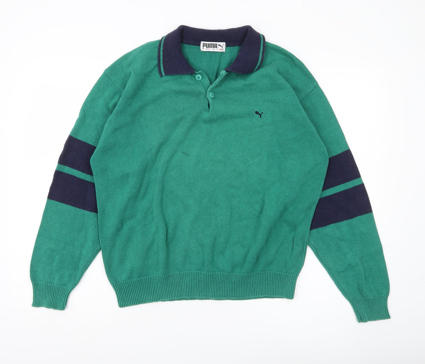 Puma Men’s Green Collared Pullover Jumper M Retro Sports Knitwear