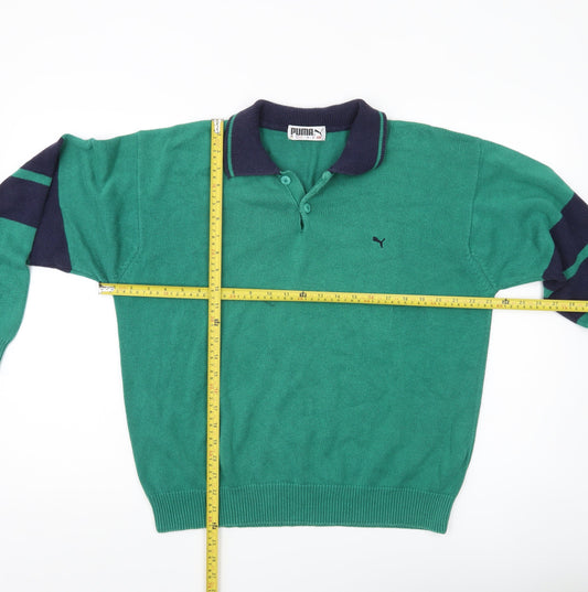 Puma Men’s Green Collared Pullover Jumper M Retro Sports Knitwear