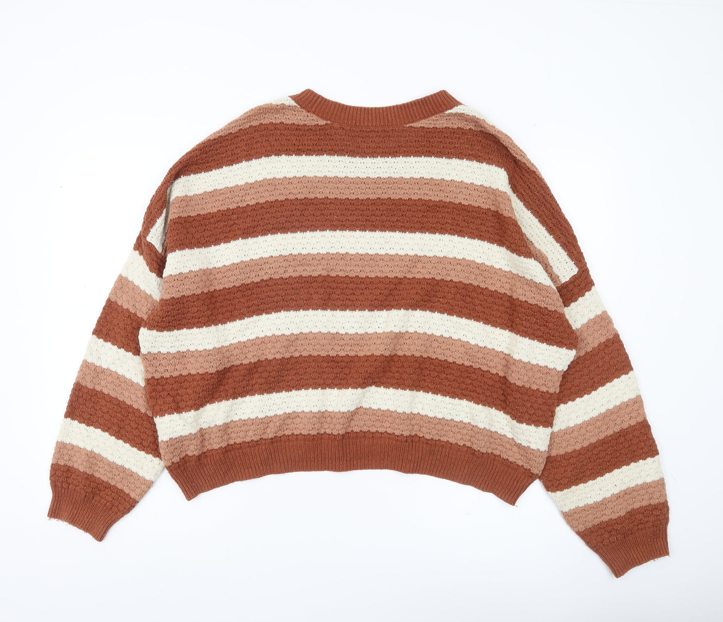 Hollister Women’s Brown Striped Knit Jumper XL Relaxed Crew Neck Pullover