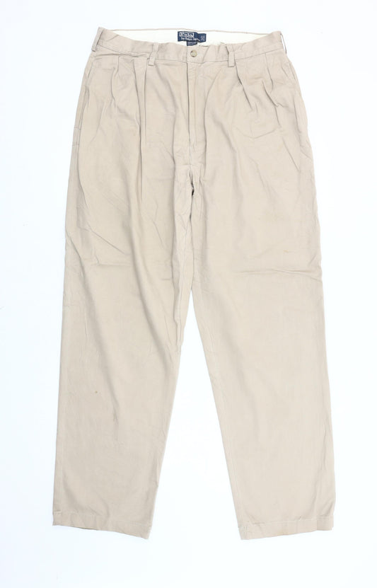 Ralph Lauren Men's Beige Chino Trousers L 36W 30L Pleated Straight Cotton