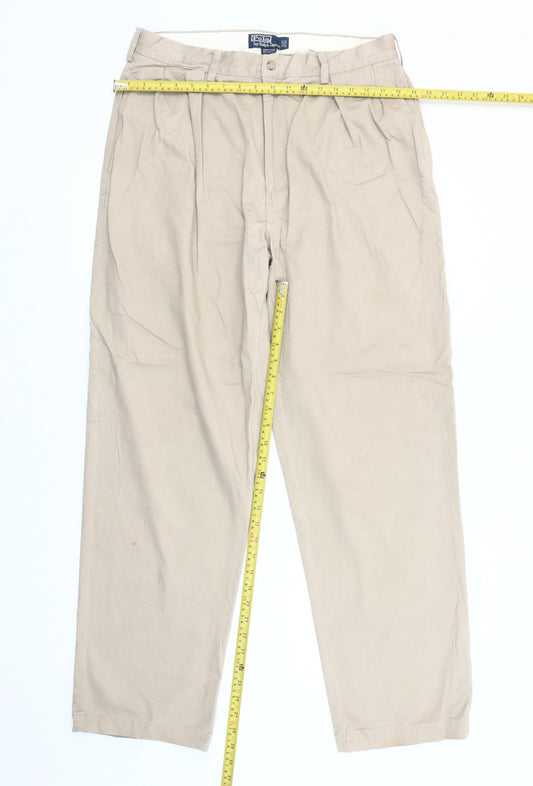 Ralph Lauren Men's Beige Chino Trousers L 36W 30L Pleated Straight Cotton