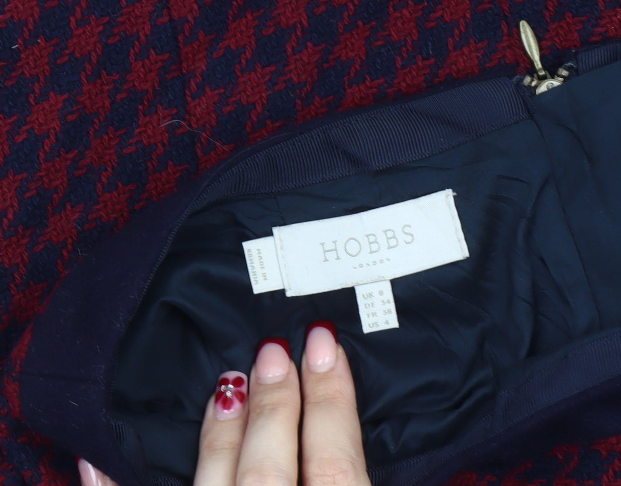 Hobbs Women’s Red Check Wool-Blend Pencil Skirt Size 8