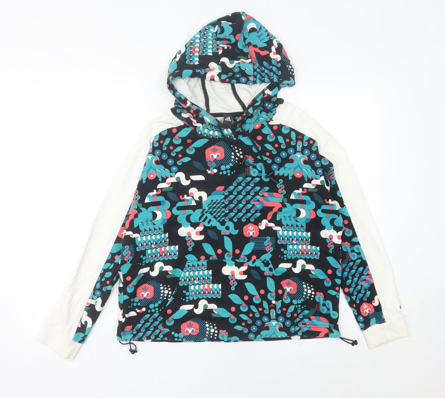 Adidas Womens Hoodie Size 12 Black Multicolour Graphic Pullover