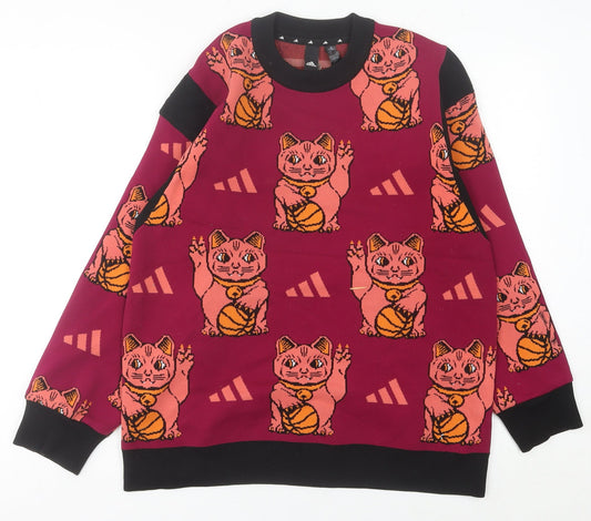 Adidas Womens Red Cat Print Crew Neck Pullover Jumper Size 14