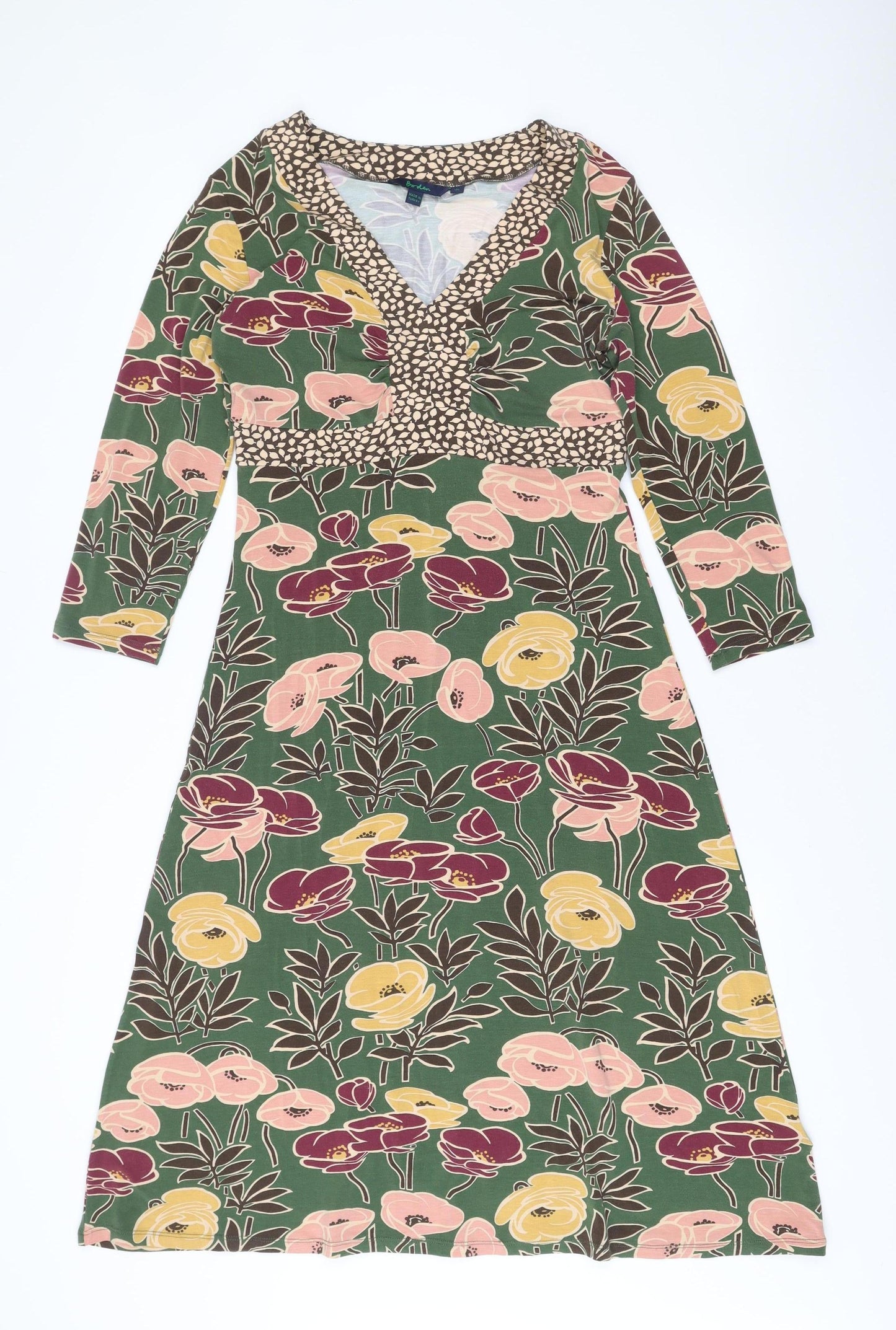 Boden Women’s Multicoloured Floral A-Line Dress Size 12 Long Sleeve V-Neck