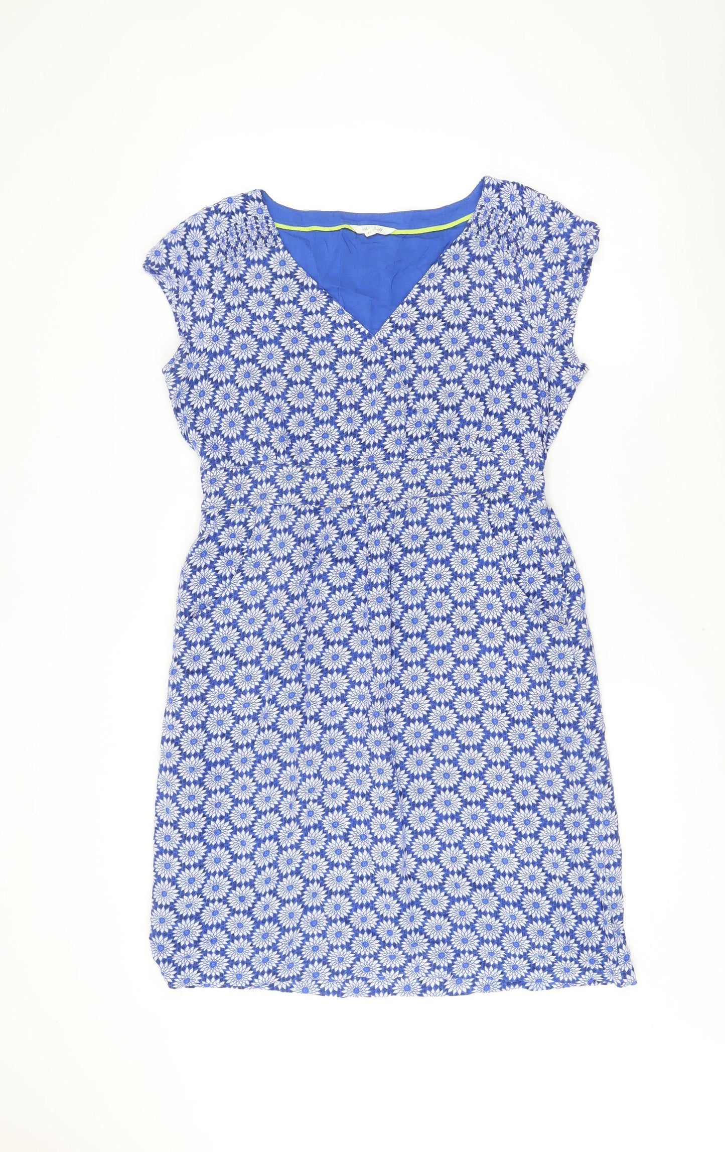 White Stuff Women’s Blue Floral Shift Dress Size 14 V-Neck Summer