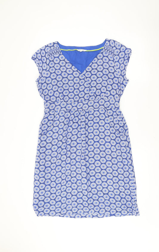 White Stuff Women’s Blue Floral Shift Dress Size 14 V-Neck Summer